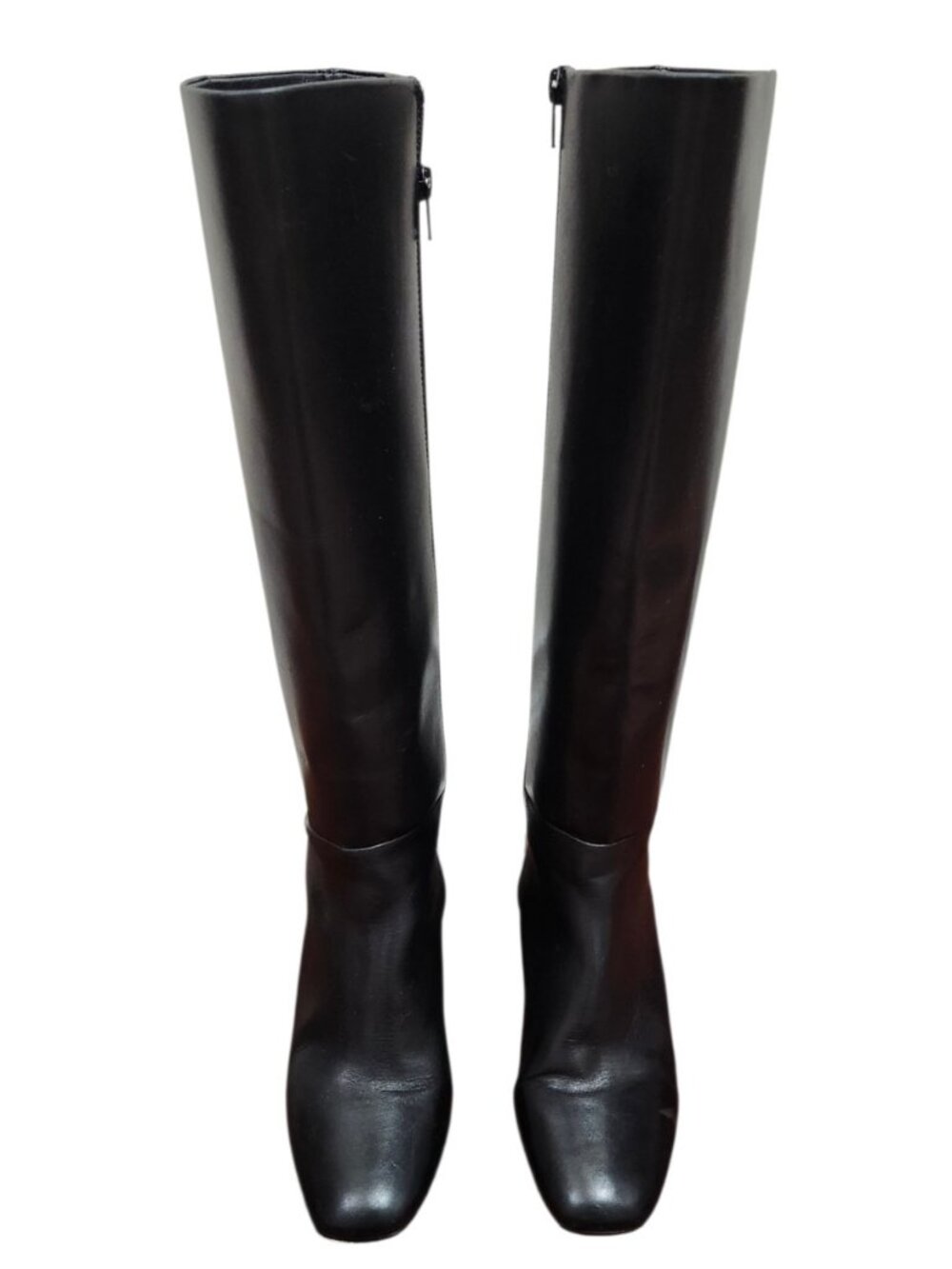 Paige Black Leather Knee High Boots Block Heel Minimalist Tall Zip Riding Boots - Picture 3 of 15